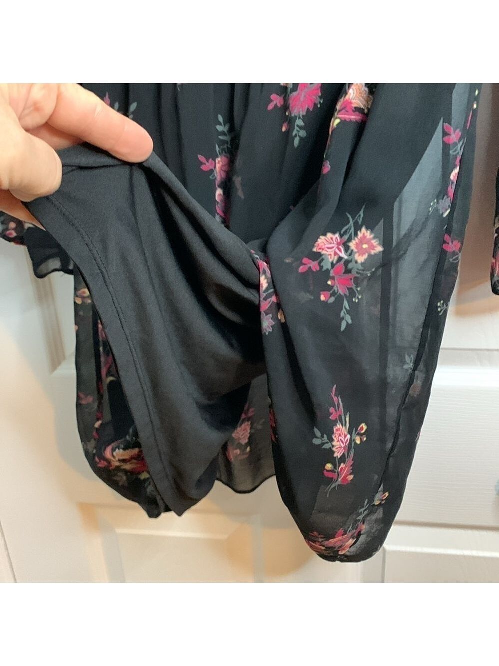 White House Black Market Black Floral Dress Bell Sleeve Pink Size Small Sheer - Picture 10 of 13